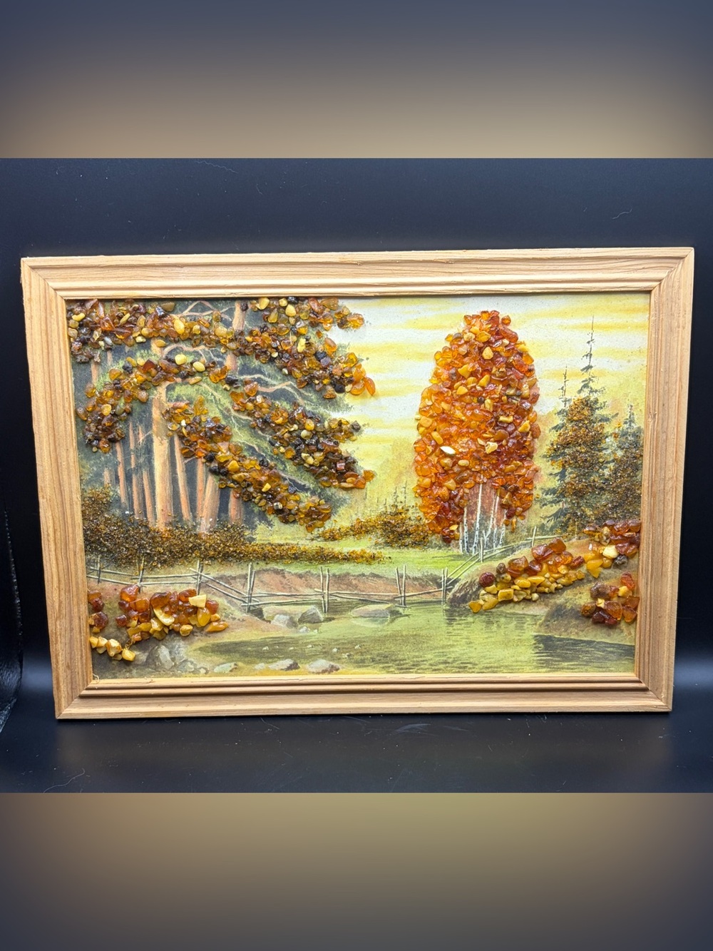 Vintage Hand Painted Amber Stone Landscape Handmade Forest Scene Artwork Framed